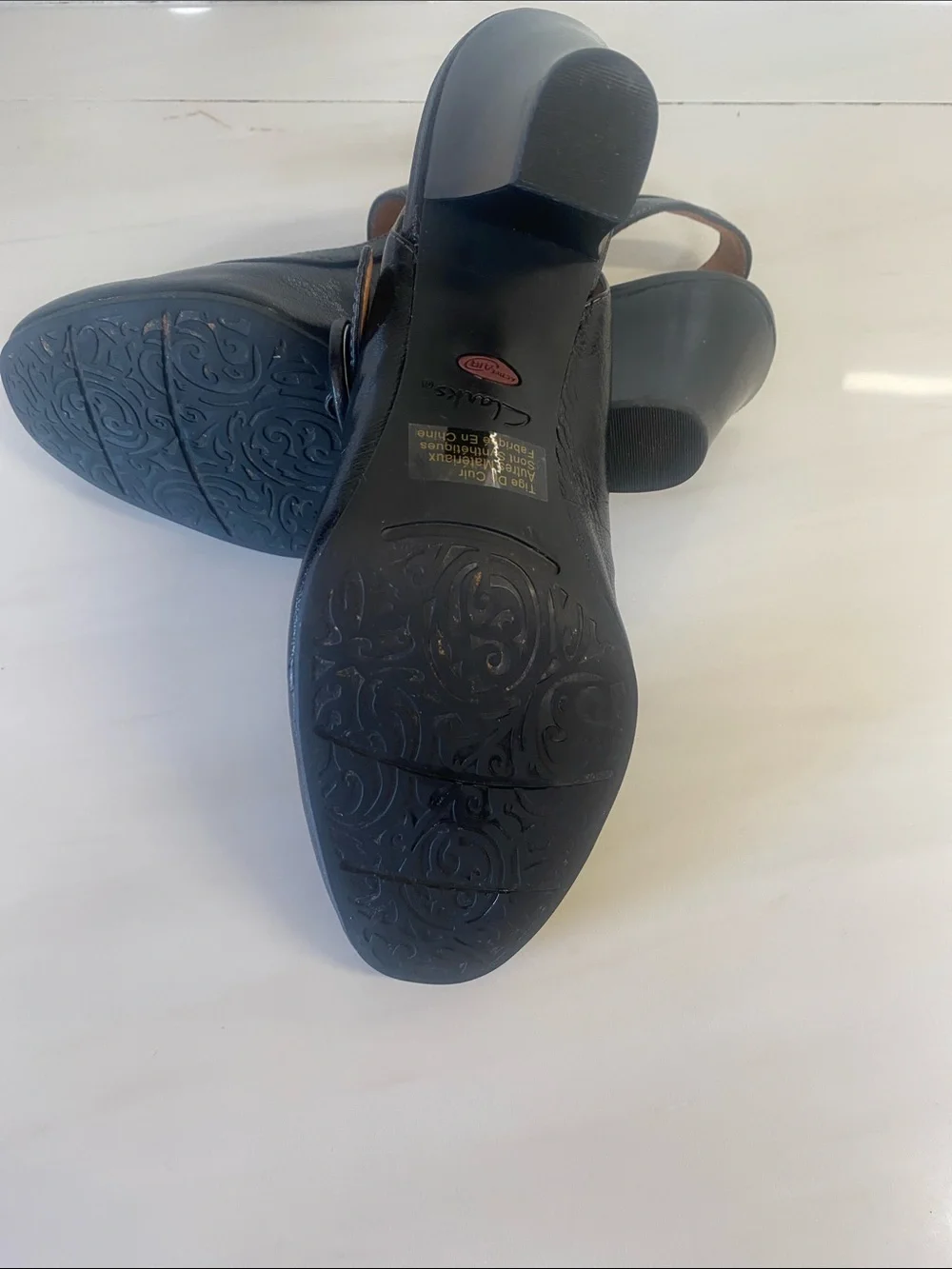 CLARKS  Black Leather Slingback Mary Jane Heels with Button Strap